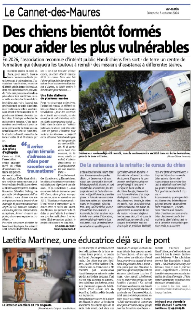 Article de presse Var‑Matin présentant l’action locale de La Patte dans la Main